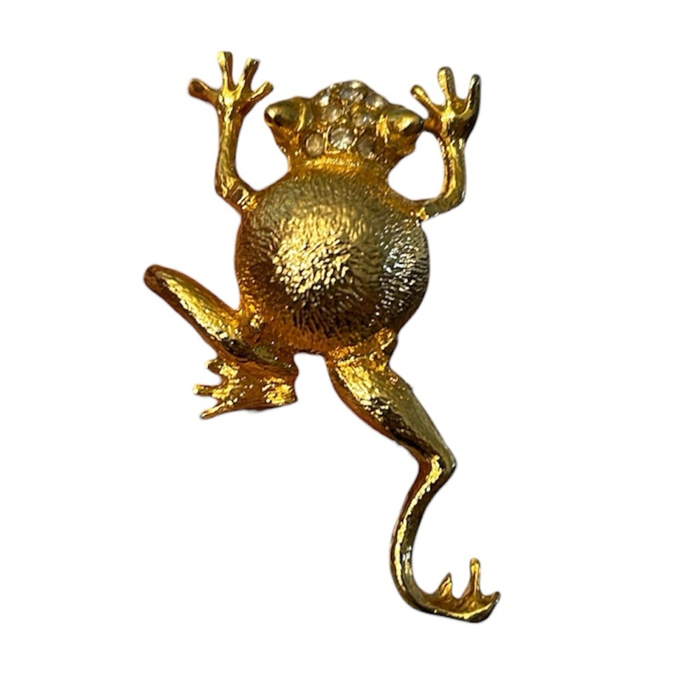 Frog brooch vintage M Jent Textured Gold Tone Rhinestone Frog Brooch pin